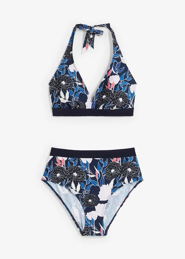 Navy Blue Cream Halter Neck Bikini (2 Pieces)